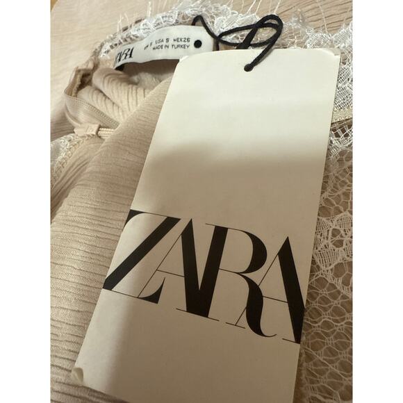 NEW Zara Beige Tan Asymmetrical Cami V Neck Lace One Shoulder Blouse Top Size S - Picture 6 of 7